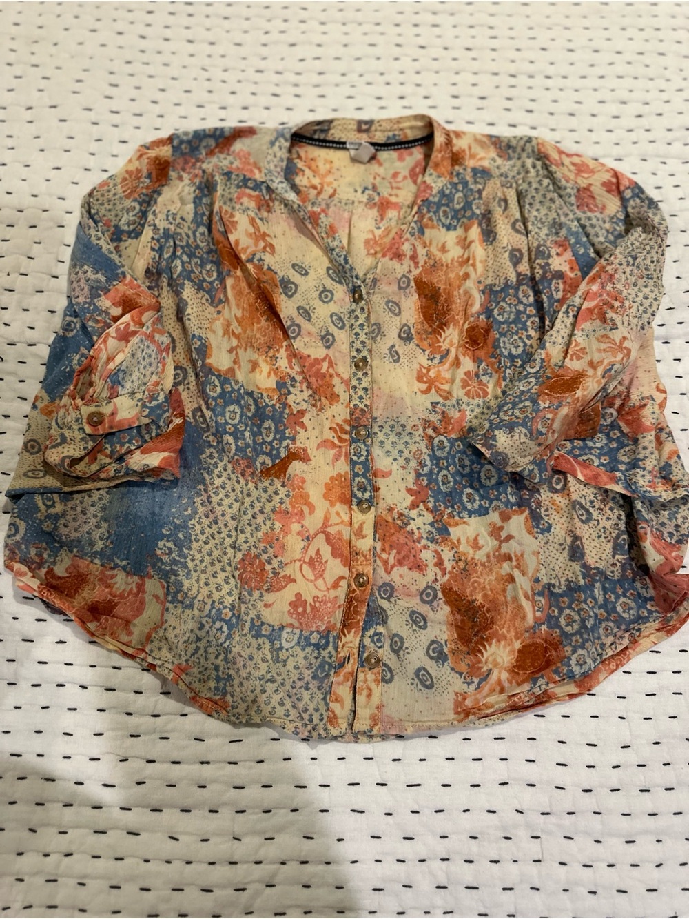 Pilcro Patchwork Floral Button-Front Blouse in Blue & Rust